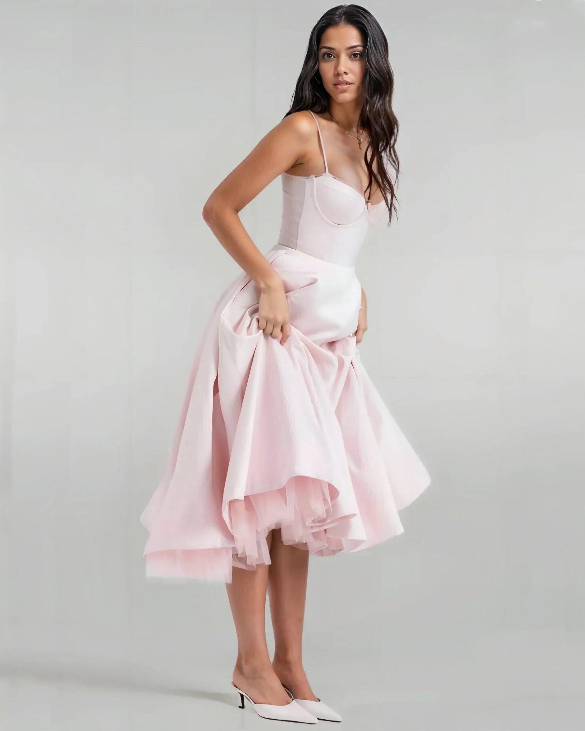 SATIN CORSET TULLE A-LINE MIDI DRESS - BABY PINK