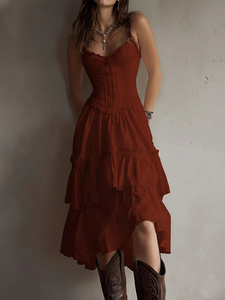 CORSET LACE TIERED MIDI DRESS, ROMANTIC PARTY