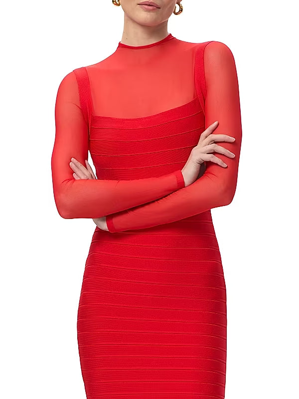 TINA RED MESH SEE-THROUGH BANDAGE MAXI DRESS
