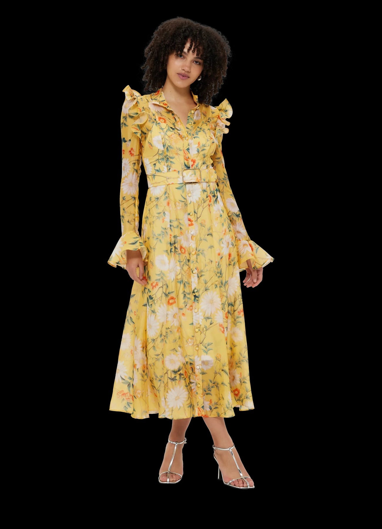 YELLOW DAISY PRINT BUTTERFLY SLEEVE MIDI DRESS