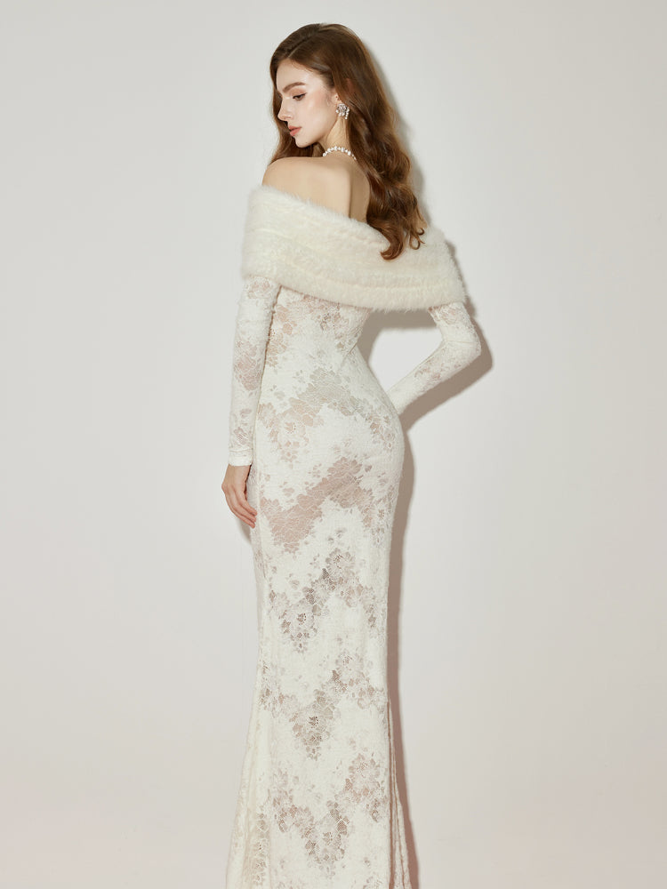 JULIA OFF-SHOULDER FUR COLLAR LACE WHITE MAXI DRESS