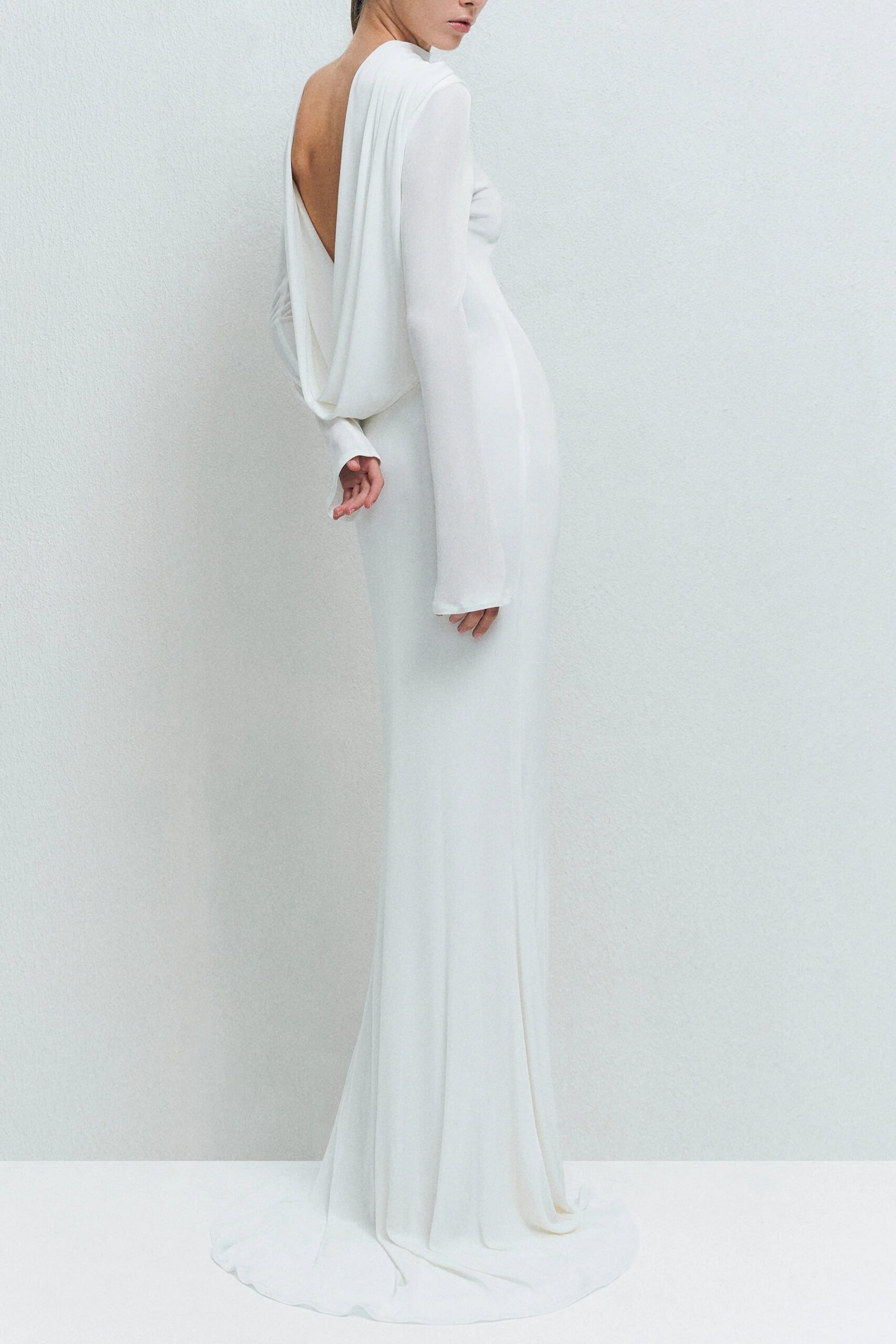 GLORIA DRAPED BACKLESS WHITE MAXI DRESS