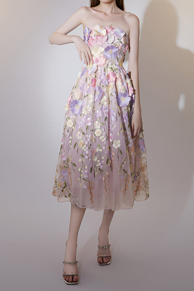PASTEL PINK FLORAL EMBROIDERY MIDI DRESS FOR WEDDING GUEST