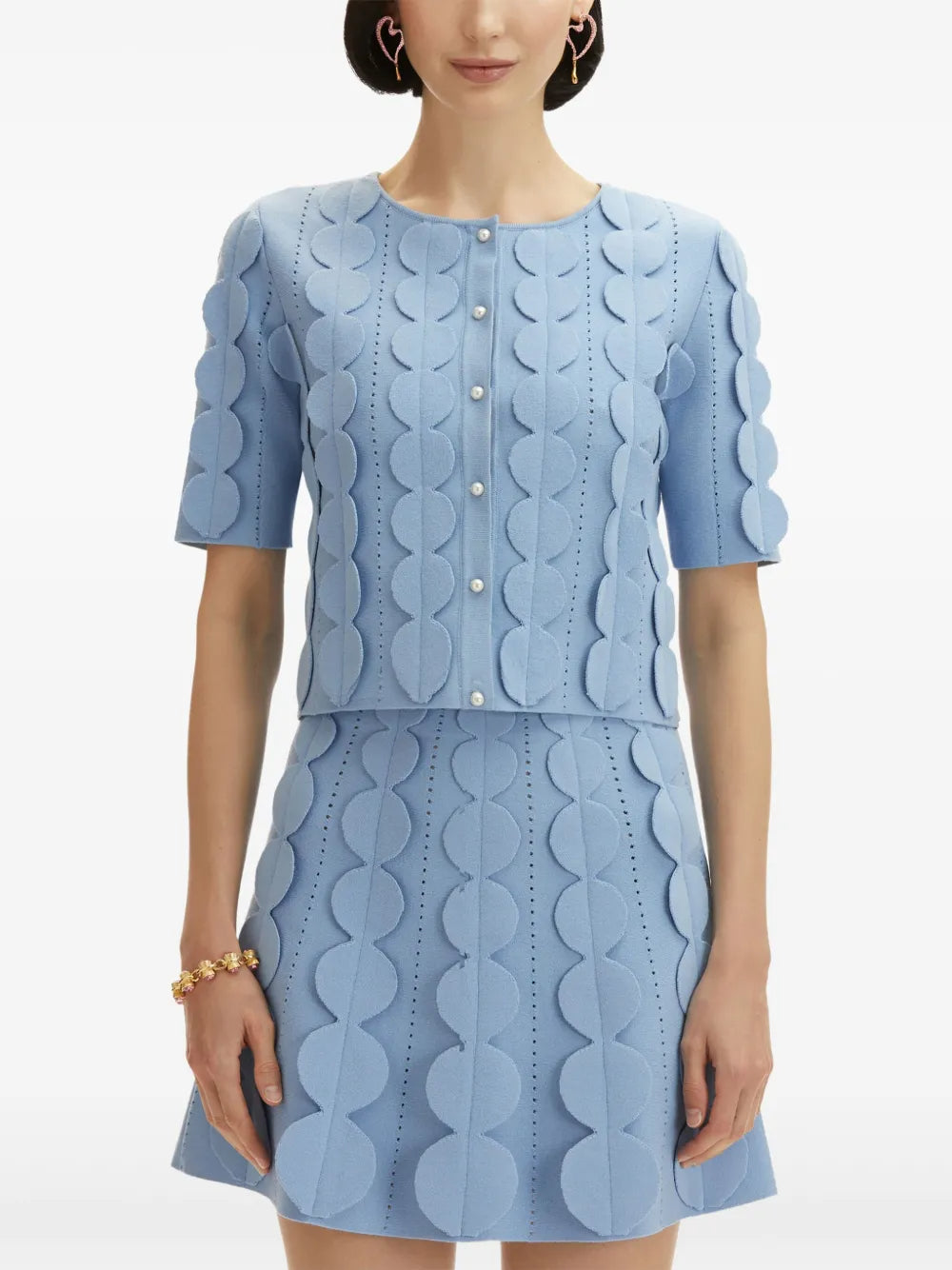 BLUE GEOMETRIC PRINT SKIRT SET, TWO-PIECE CARDIGAN