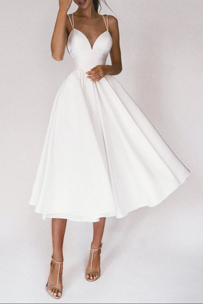 AISLE SOFT WHITE SATIN MIDI DRESS FOR WEDDING GUEST