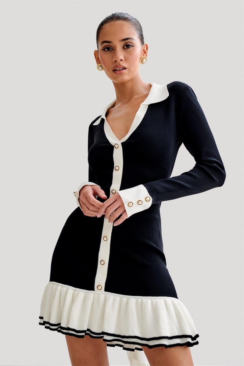 ALEXIA CONTRAST RUFFLE BOW MINI KNIT DRESS