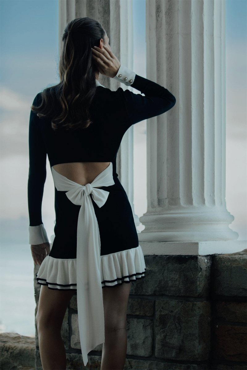 ALEXIA CONTRAST RUFFLE BOW MINI KNIT DRESS
