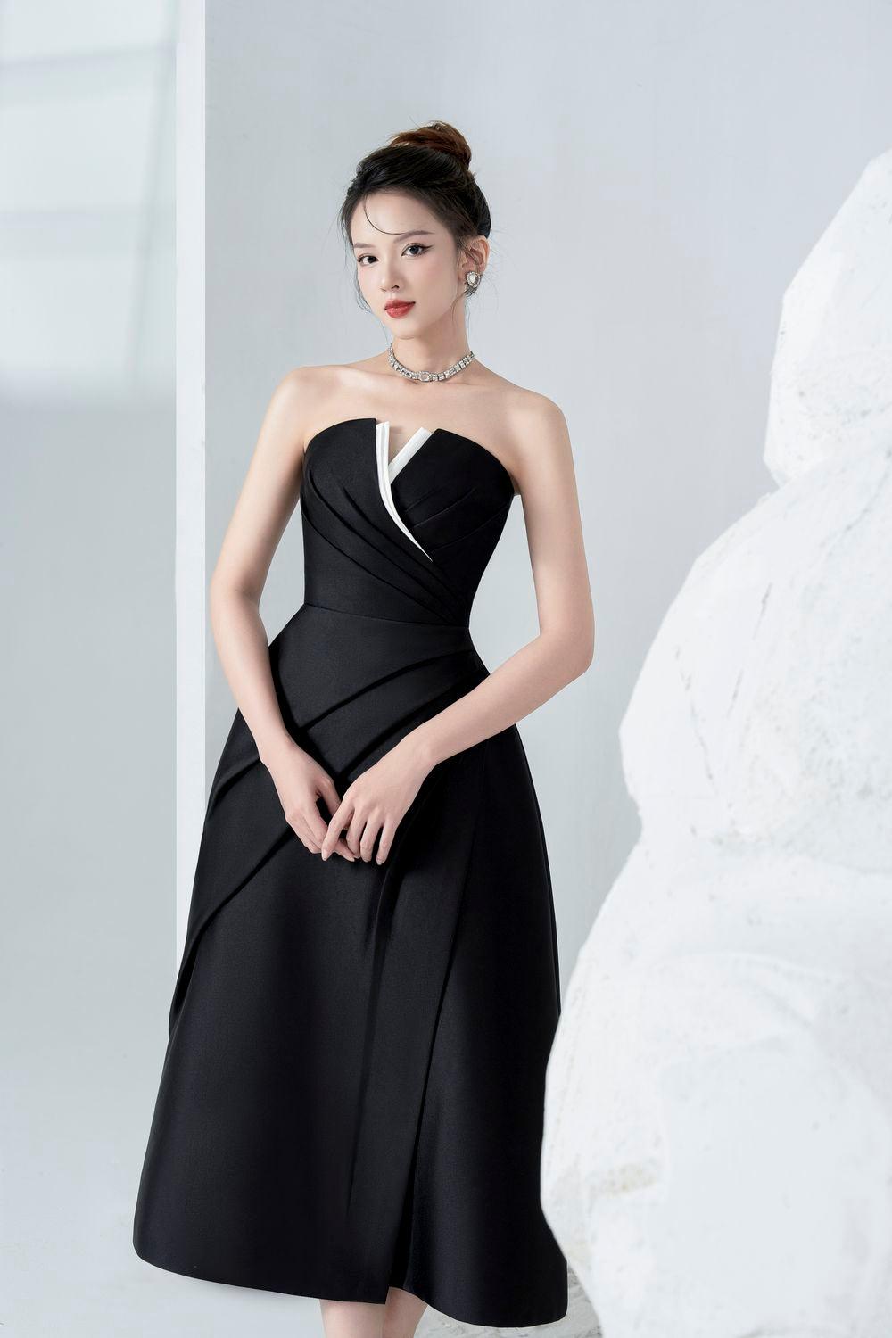 ALMIRA STRAPLESS TAFFETA MIDI DRESS