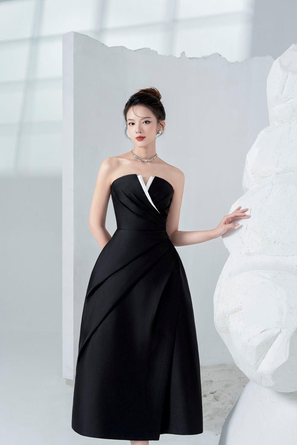 ALMIRA STRAPLESS TAFFETA MIDI DRESS