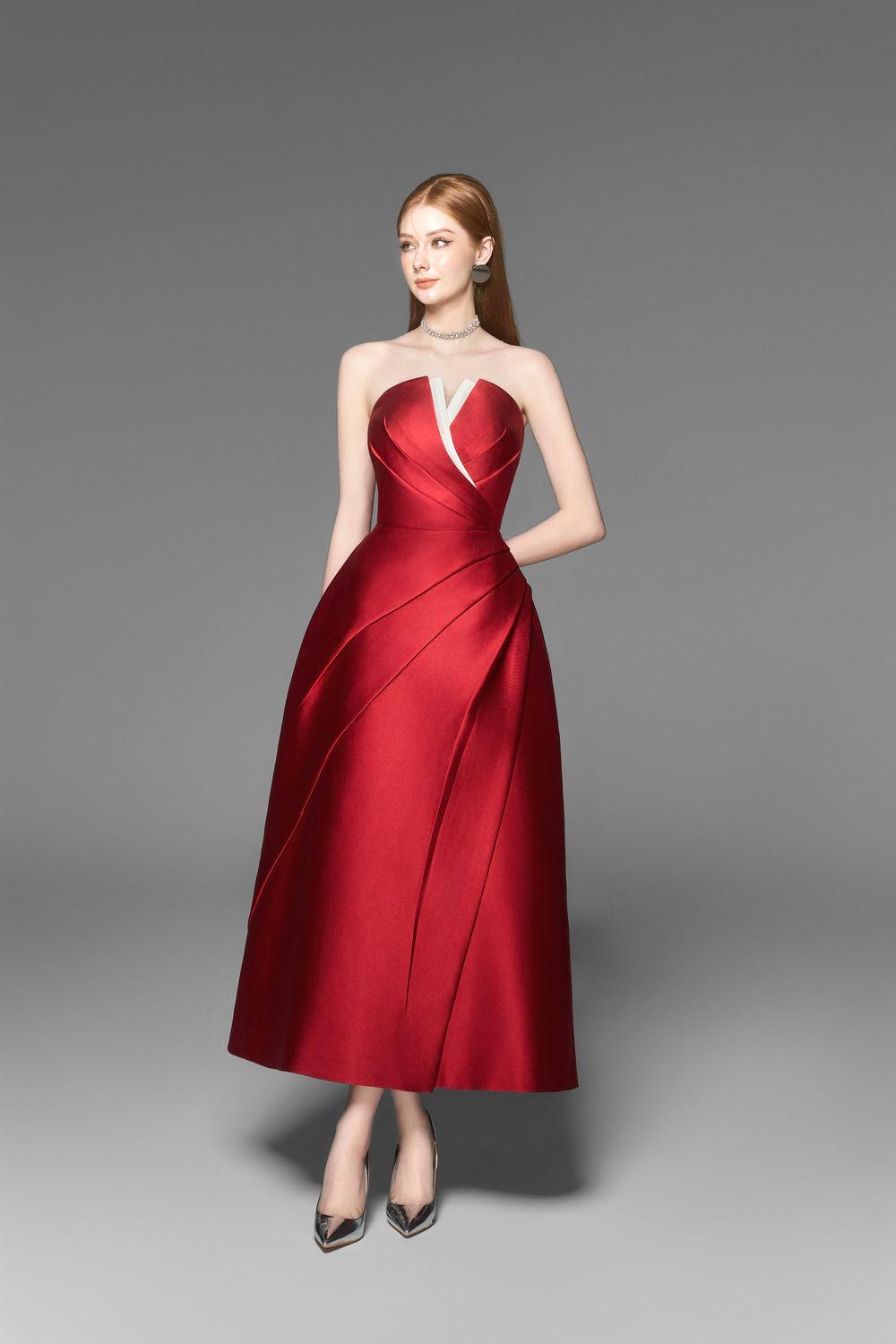 ALMIRA STRAPLESS TAFFETA MIDI DRESS