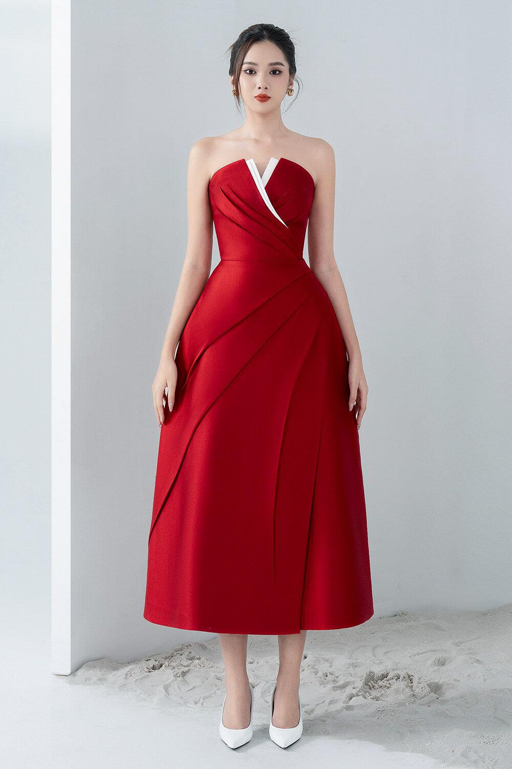 ALMIRA STRAPLESS TAFFETA MIDI DRESS