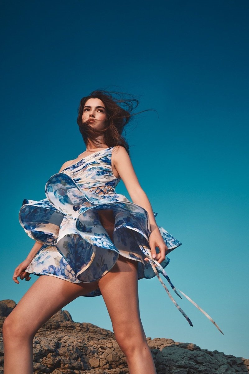 GAIL BLUE FLORAL ONE-SHOULDER MINI CHIFFON DRESS