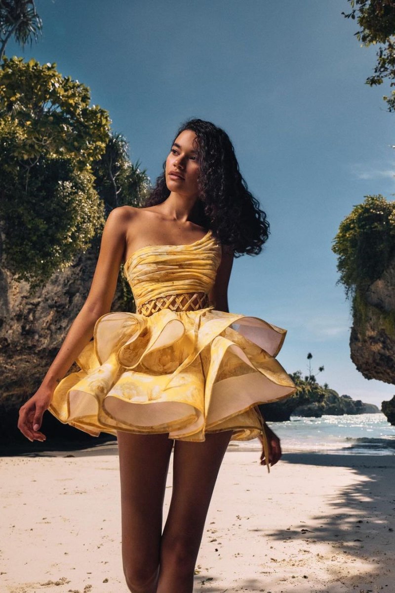 YELLOW FLORAL ONE-SHOULDER MINI DRESS