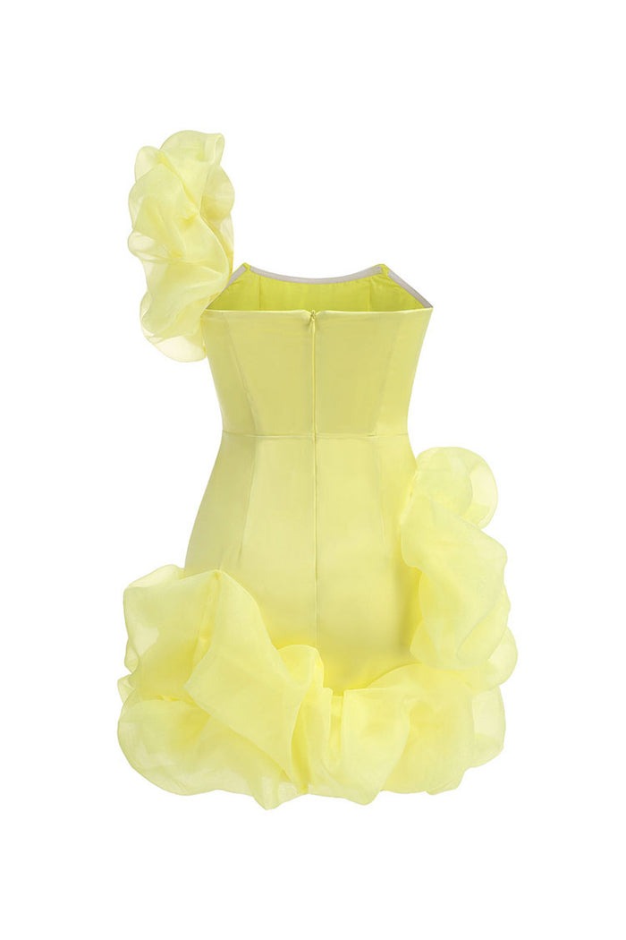 ONE SHOULDER RUFFLE YELLOW MINI DRESS