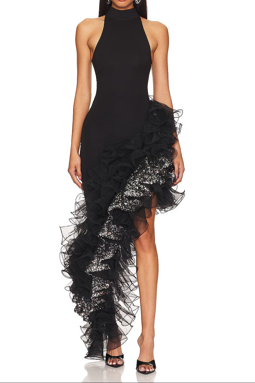 b088a86d-8f25-41a9-a129-0d57483d75a5 HALTER SEQUIN RUFFLE MAXI DRESS, BLACK, PROM