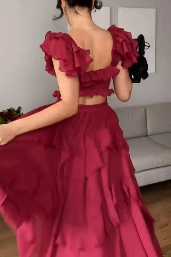 SQUARE NECK RUFFLE SLEEVE BACKLESS PARTY DRESS