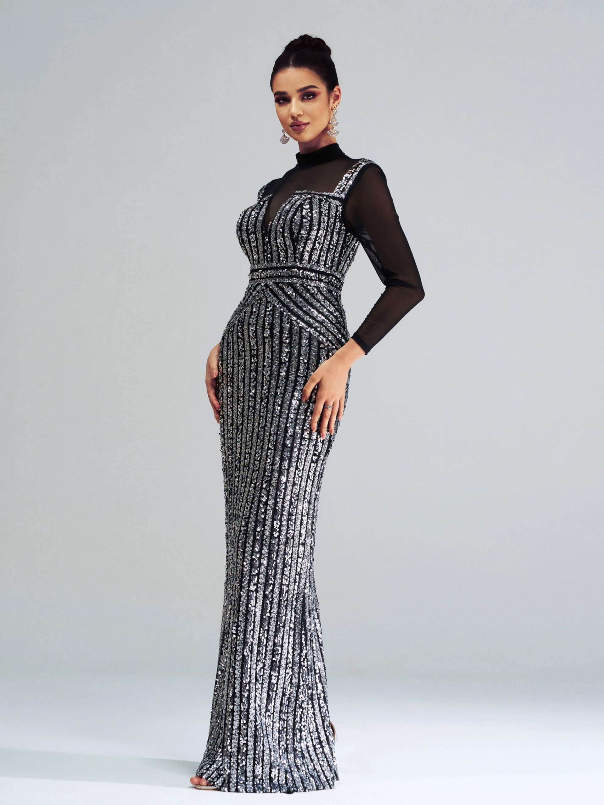 SEQUIN PANEL STAND COLLAR PROM DRESS