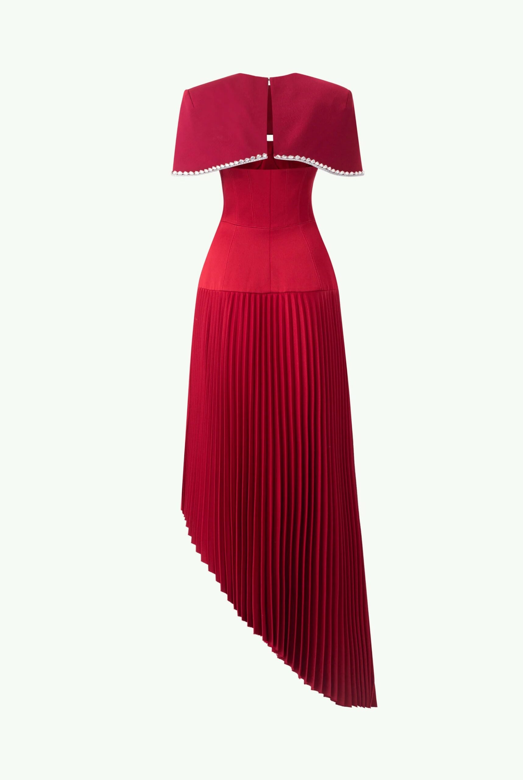 SPAGHETTI STRAP ASYMMETRIC PLEATED MIDI DRESS RED