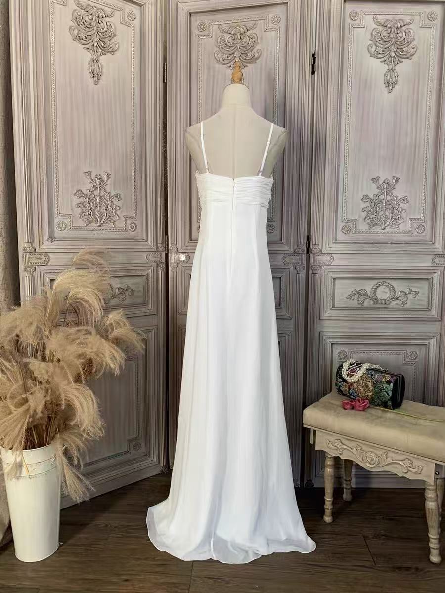 WHITE BEADED CHIFFON EMPIRE WAIST EVENING GOWN