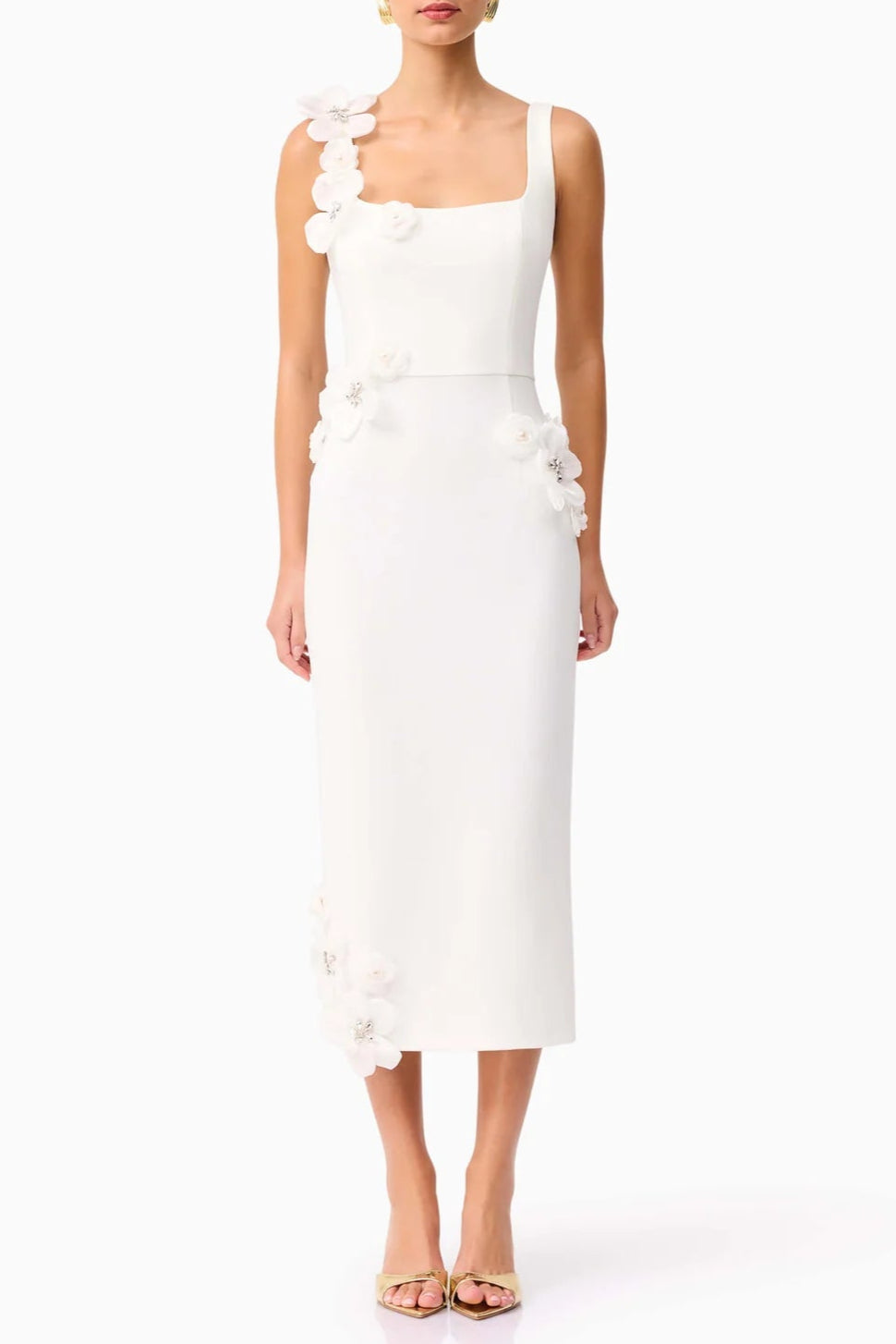 b163219f-79ca-42c7-a2f2-ad70b6a6023e SABRINA 3D FLOWER WHITE MIDI DRESS