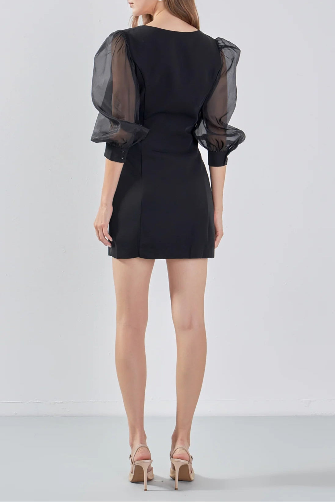 VICTORIA BLACK ORGANZA PUFF SLEEVE MINI DRESS