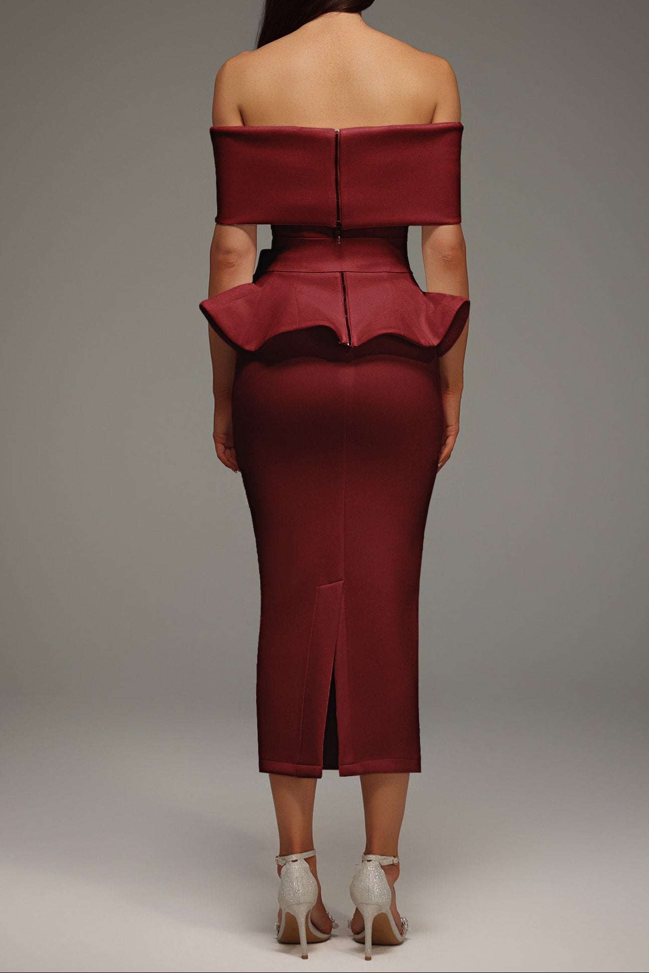 ELEANORE OFF-SHOULDER RUFFLED RED MIDI DRESS
