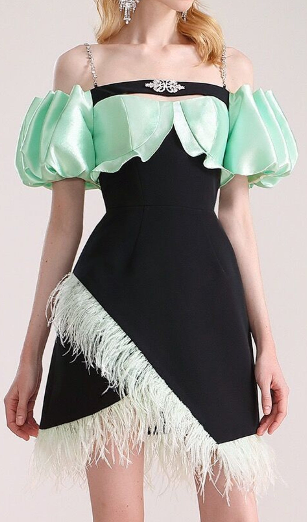 CIELO BLACK OFF-SHOULDER FEATHER PARTY DRESS