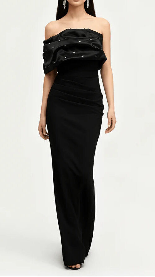 rosemary Black Pearl Embellished Draped strapless maxi dress rosemary Black Pearl Embellished Draped strapless maxi dress