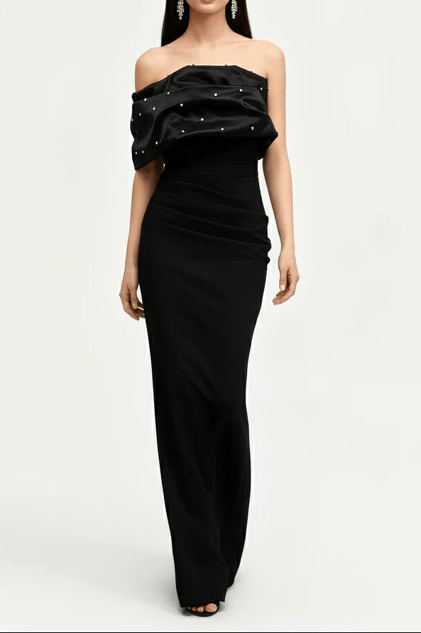 ROSEMARY BLACK PEARL DRAPED STRAPLESS MAXI DRESS