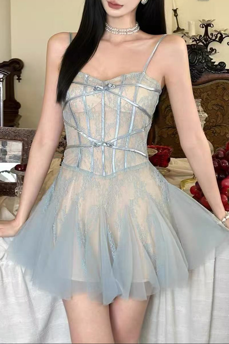 LIGHT BLUE LACE CORSET TULLE MINI DRESS