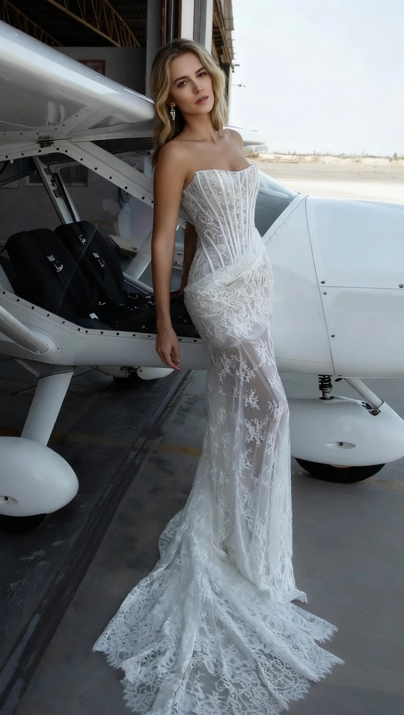 IVORY SHEER LACE CORSET MAXI DRESS FOR WEDDING