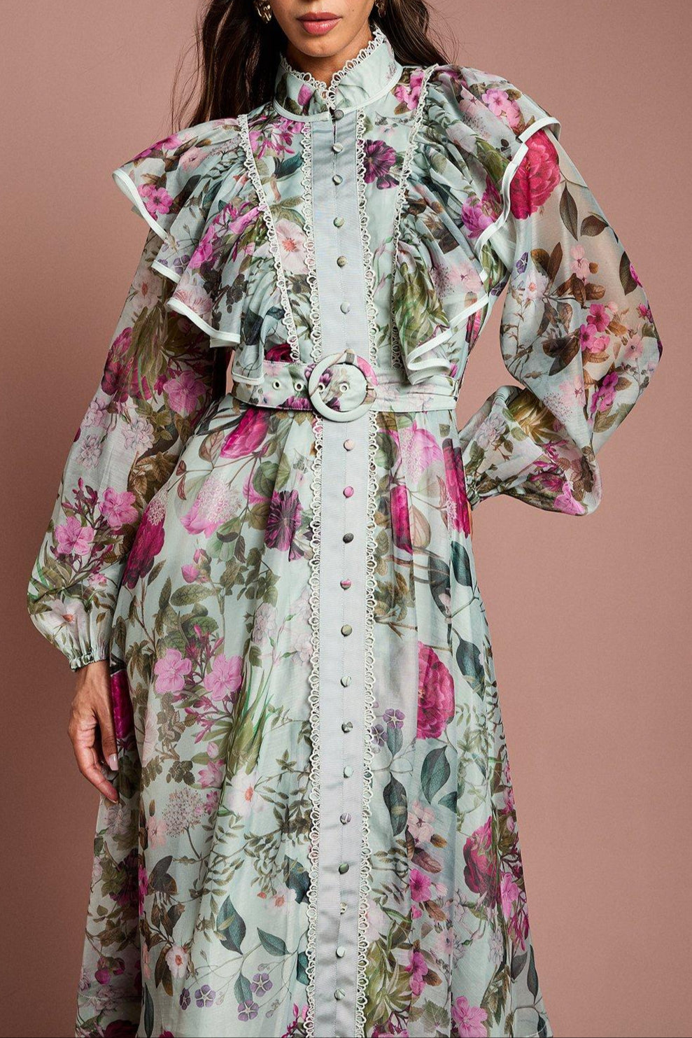GREEN PRINTED ORGANZA MIDI SHIRT DRESS