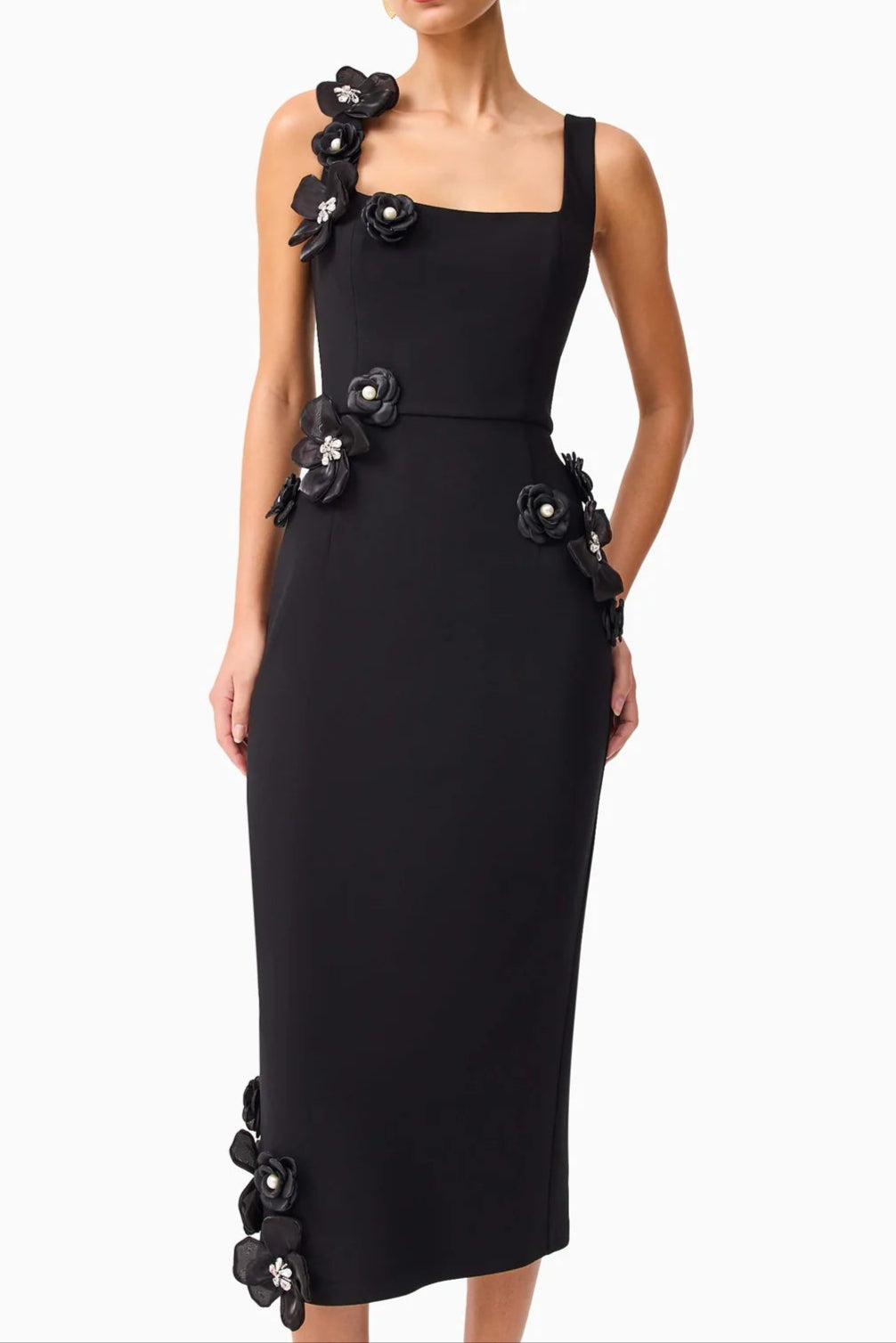SABRINA 3D FLOWER BLACK MIDI DRESS FOR WEDDING