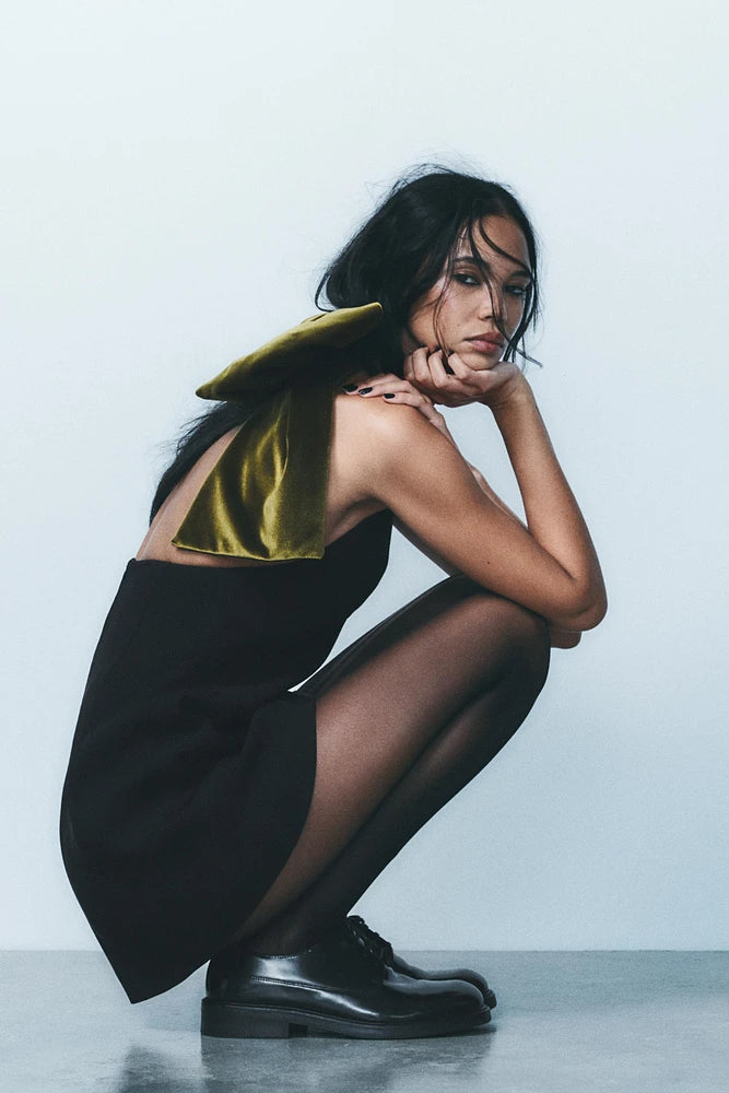 VELVET BOW MINI DRESS BLACK COCKTAIL PARTY