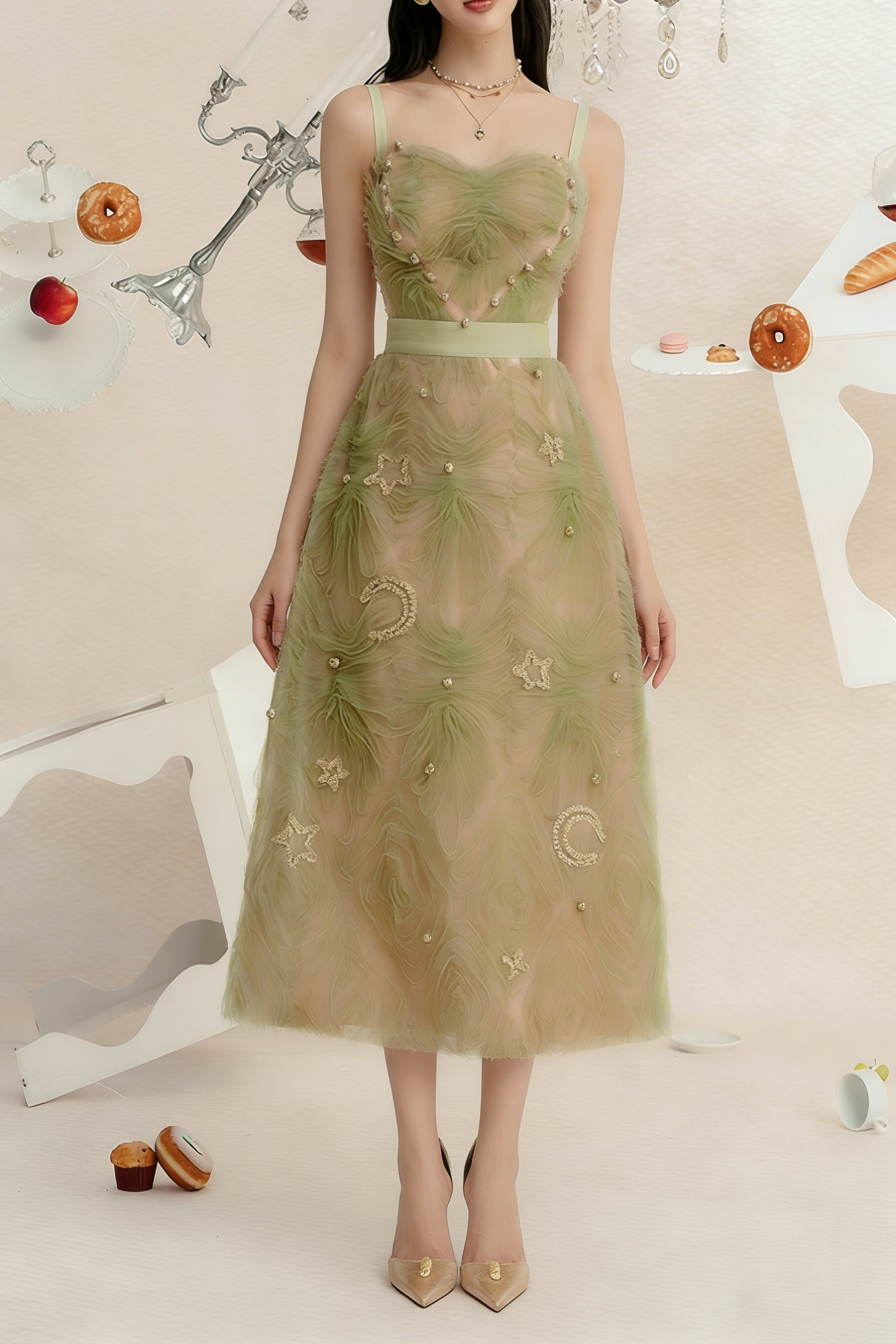 SPAGHETTI STRAP MESH MIDI DRESS FOR PARTY