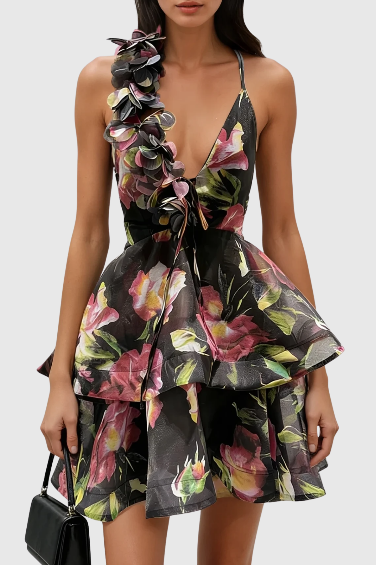 b3bb42df-3a4a-488b-84b4-dd1b59342529 PERA FLORAL APPLIQUÉ RUFFLE MINI DRESS BLACK