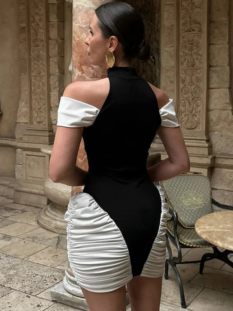BLACK & WHITE PANEL HALTER MINI DRESS