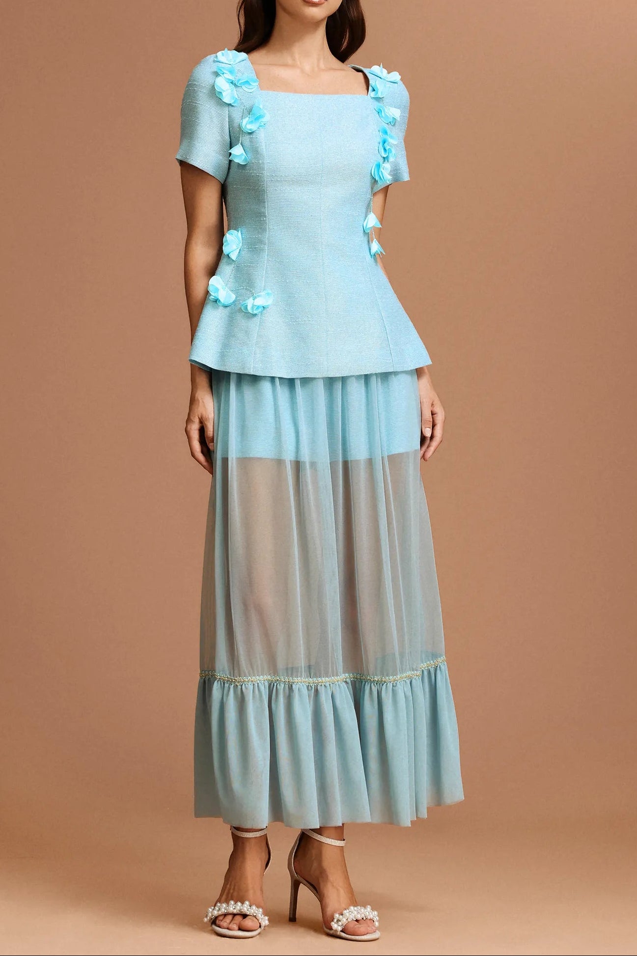 URSULA BLUE FLORAL TWO-PIECE SET SHORT SLEEVES FOLD SKIRT
