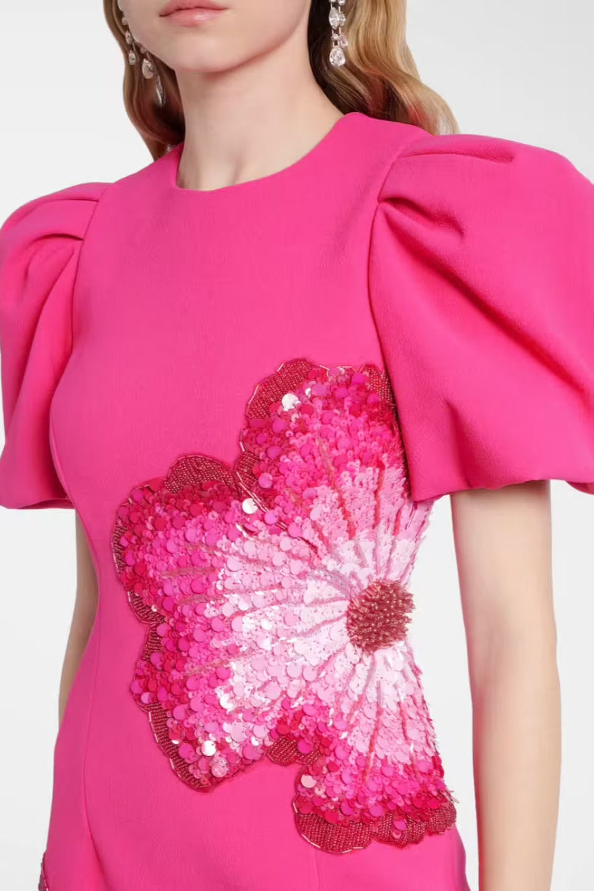 SEQUIN FLOWER PUFF SLEEVE MIDI DRESS IN PINK