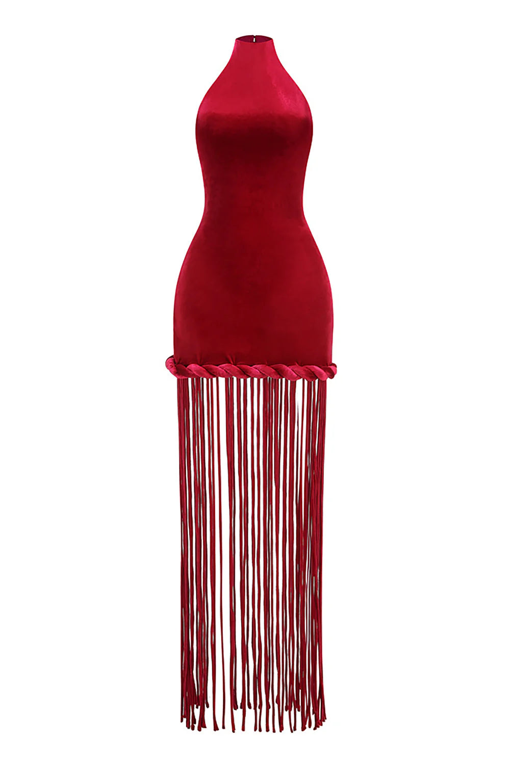 MICHAELIA BURGUNDY VELVET HALTER FRINGE COCKTAIL DRESS