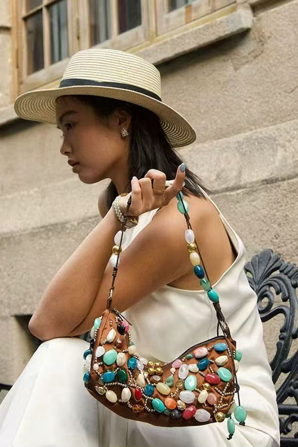 BEADED CRESCENT SHOULDER BAG – COLORFUL STONE EVENING PURSE