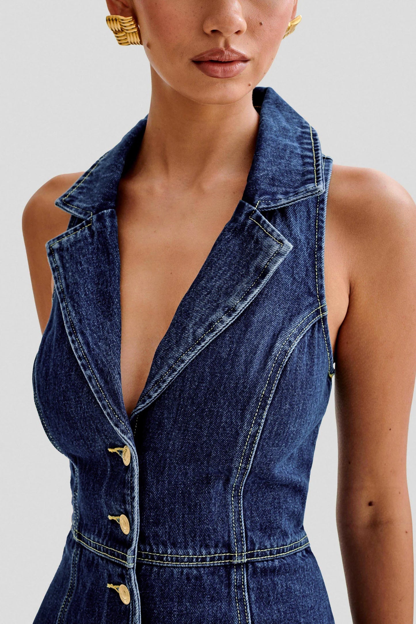 EARTHA COLLARED DENIM MINI DRESS DARK BLUE