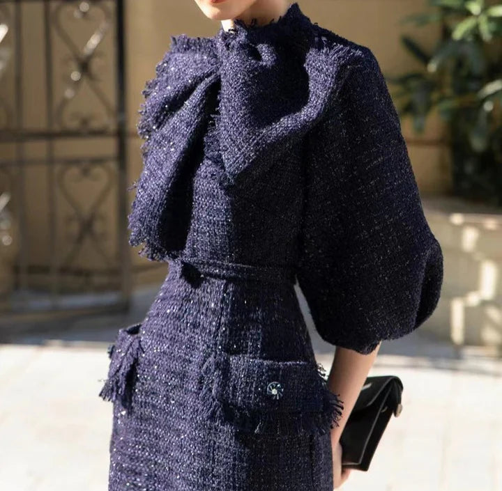 MILDRED TWEED BOW COLLAR MIDI DRESS, DARK BLUE