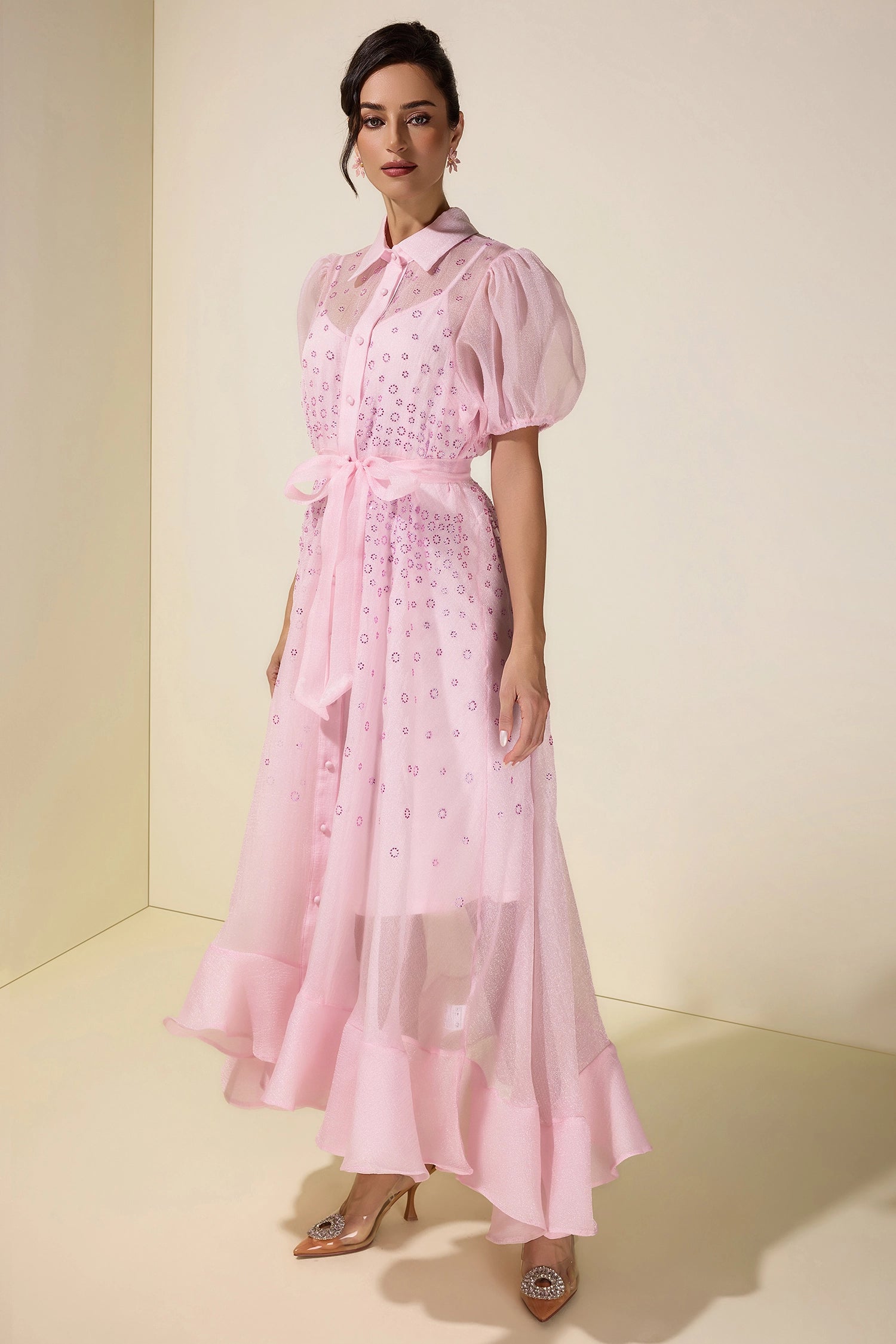 SYLVIA RHINESTONE PUFF SLEEVE MAXI DRESS - PINK