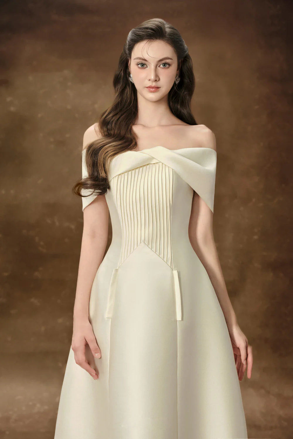 HEBERA OFF-SHOULDER A-LINE MIDI DRESS CREAM
