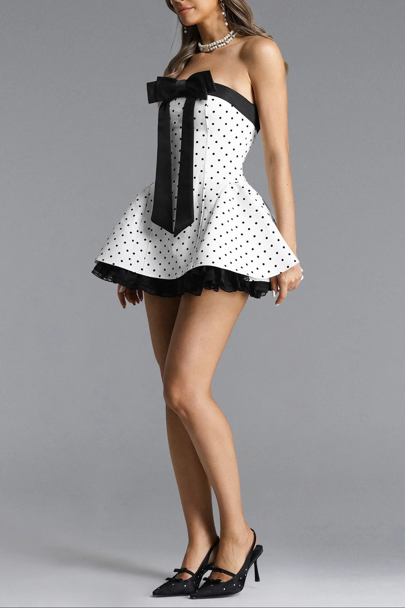 OCTAVIA WHITE POLKA DOT STRAPLESS BOW MINI DRESS