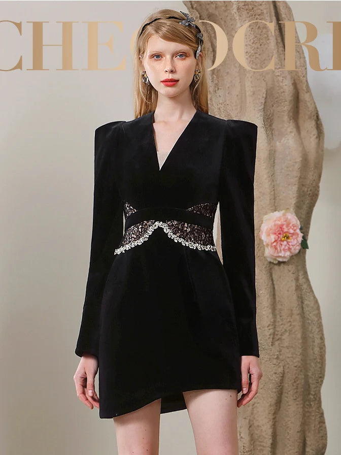 BLACK LACE V-NECK ASYMMETRY MINI BLAZER DRESS