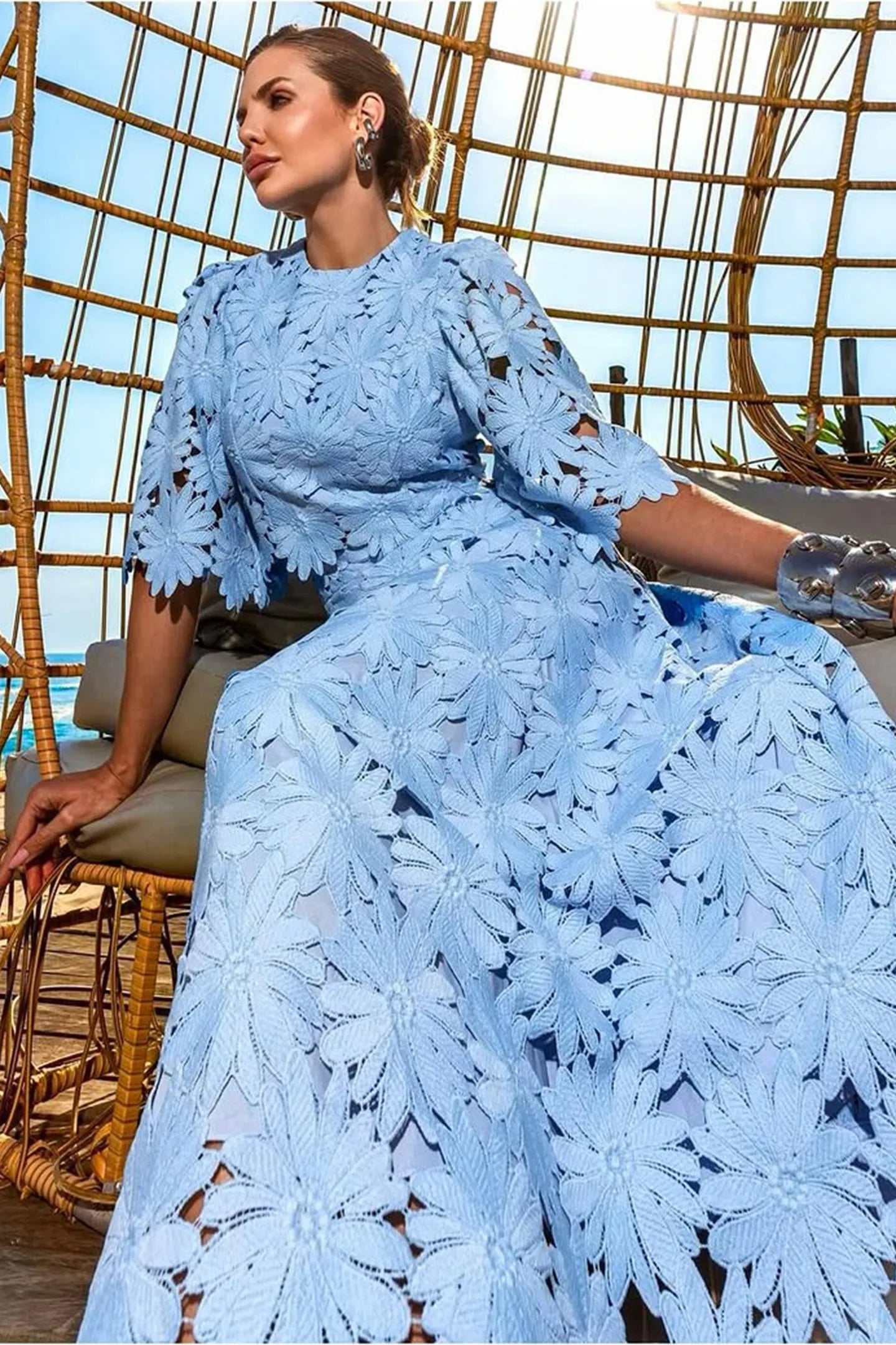LACE EMBROIDERED BLUE TWO-PIECE SET, MAXI SKIRT, BOHO