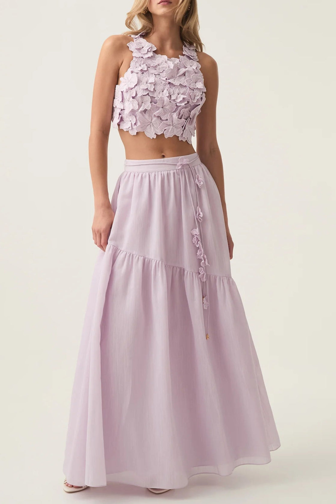 ASHLEY FLOWER SHELL TOP MAXI SKIRT SET PURPLE