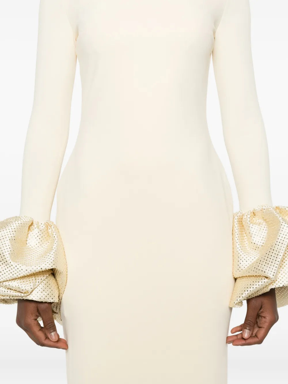 RACHEL WHITE RUFFLED CRYSTAL GOWN | MOCK-NECK EVENING DRESS